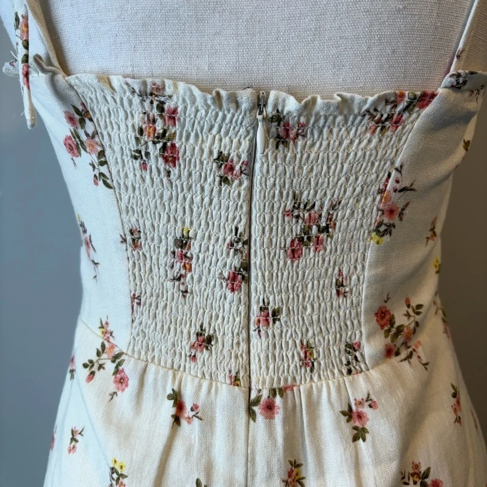 Mahina Cream Floral Linen-Blend Dress – Bustier Top, Smocked Back, Size Small - Picture 5 of 12